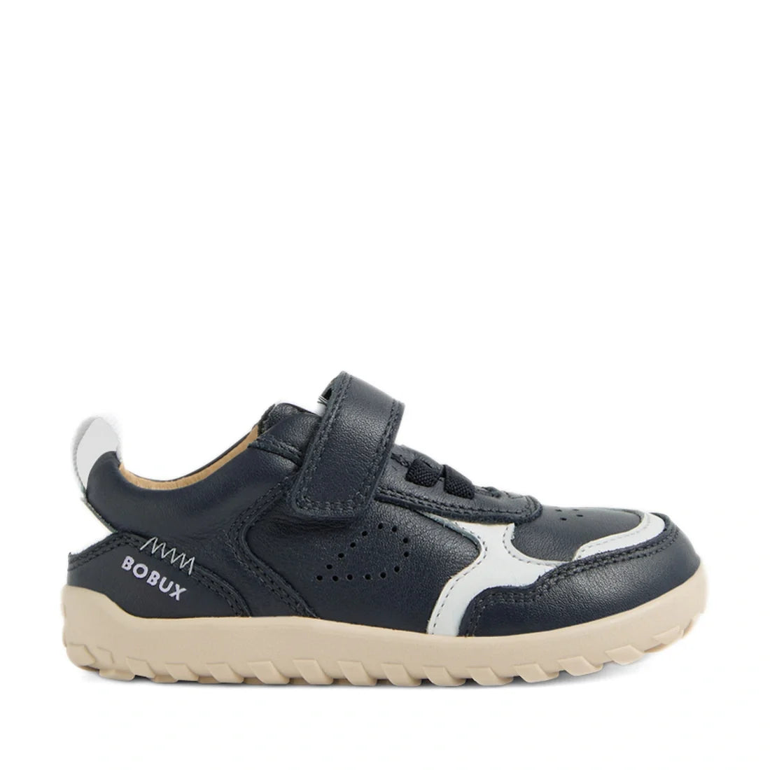 The Bobux IW Iwalk Neo Toddlers Leather Sneaker in Navy is a children’s sneaker designed with barefoot shoe principles for natural movement, featuring a navy leather upper with white accents, a Velcro strap, beige zero-drop sole, and the BOBUX brand name 