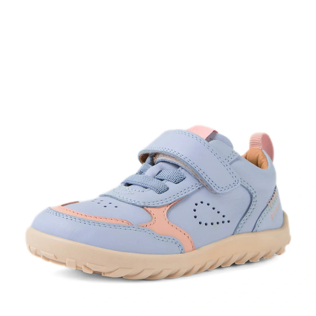 The Bobux IW Iwalk Neo Toddlers Leather Sneaker in Skyway Blue features a light blue leather upper with peach-colored sole and accents. Designed for growing feet, these barefoot sneakers have a zero drop sole that promotes natural movement, along with a c