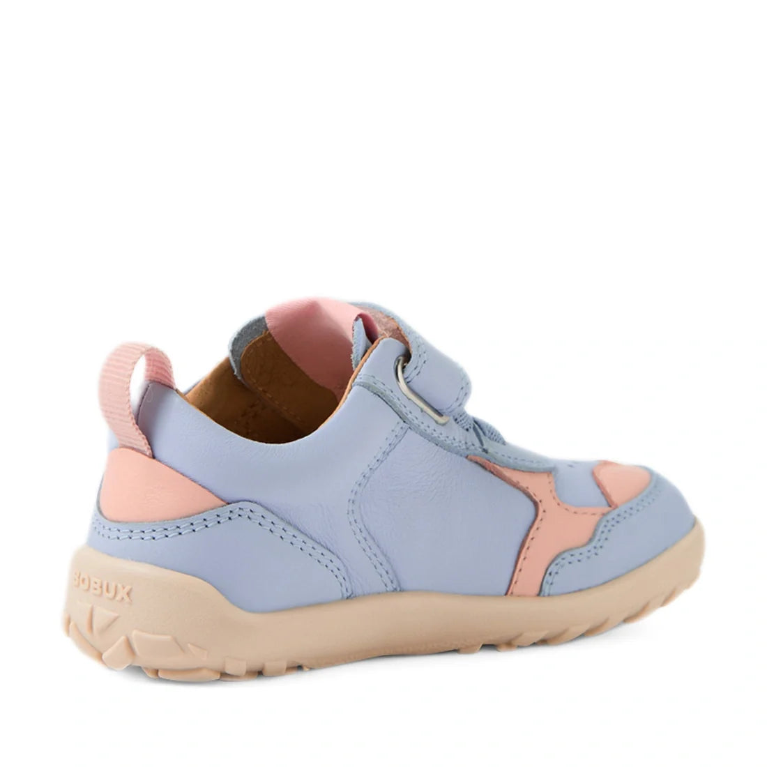 The Bobux IW Iwalk Neo Toddlers Leather Sneaker in Skyway Blue Barefoot features light blue and pink leather, a beige rubber zero-drop sole, a rounded toe, and an easy hook-and-loop strap closure. Designed for toddlers with a low-cut ankle silhouette, the
