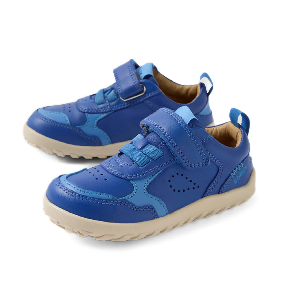 A pair of Bobux IW Iwalk Neo Toddlers Leather Sneaker Dazzling Blue Barefoot featuring Velcro straps, a barefoot-shaped toebox, light blue accents, and beige rubber soles.