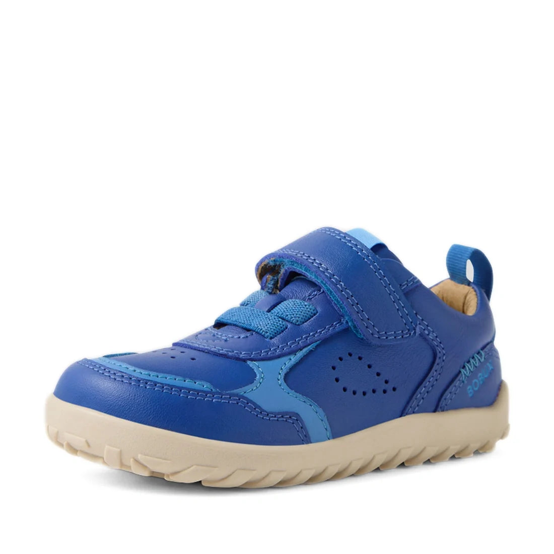 A single Bobux IW Iwalk Neo Toddlers Leather Sneaker in Dazzling Blue, featuring a barefoot-shaped toebox, beige sole, blue laces, and a Velcro strap, is shown on a white background., 9420074854551, 9420074854568, 9420074854575, 9420074854582