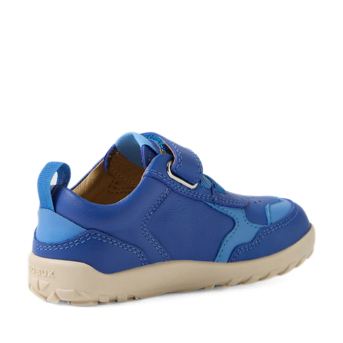 The Bobux IW Iwalk Neo Toddlers Leather Sneaker in Dazzling Blue is a kids’ leather sneaker featuring a barefoot-shaped toebox, beige rubber zero-drop sole, Velcro strap, and blue pull tab at the heel, shown on a white background., 9420074854551, 94200748