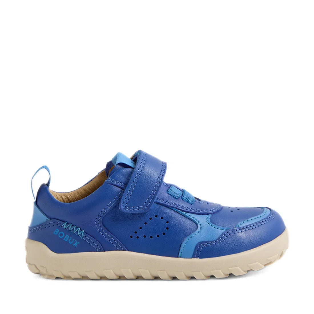 The Bobux IW Iwalk Neo Toddlers Leather Sneaker in Dazzling Blue Barefoot features a kids’ barefoot-shaped toebox for comfort and healthy foot development. Crafted from blue leather with perforated detailing, it has a white zero-drop sole, a velcro strap,