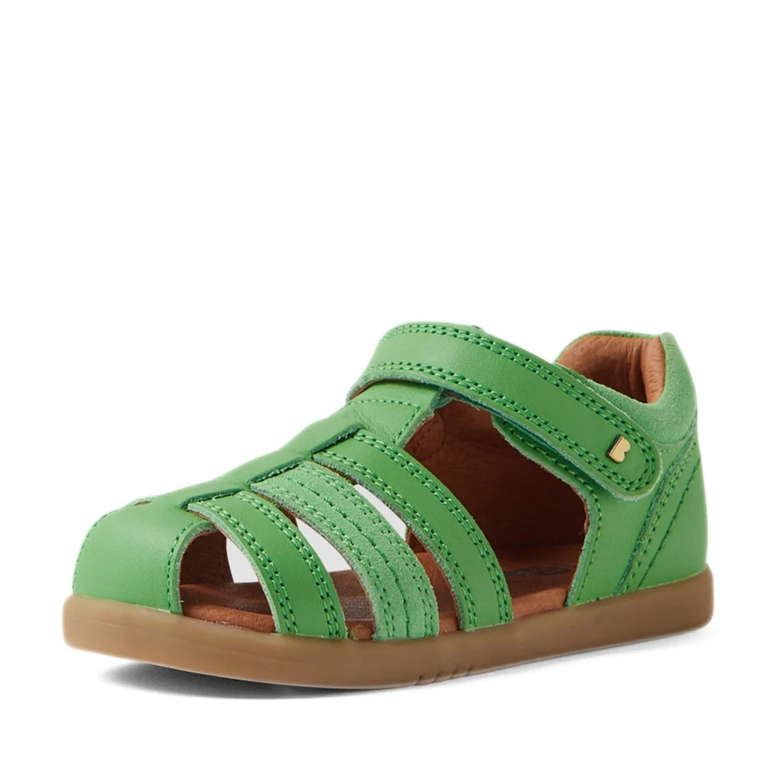 The Bobux IWalk Roam Sandal Retro Green Closed Toe Toddlers is a stylish children's sandal inspired by the Bobux Roam Toddlers Sandals design. This summer shoe for kids features a retro green leather upper with a closed toe and open sides, secured by a Ve