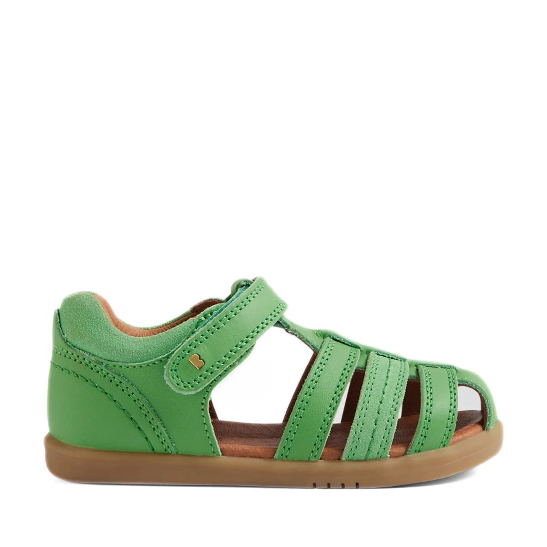 Certainly! Here’s a rewritten version using your product data: The Bobux IWalk Roam Sandal Retro Green Closed Toe Toddlers is a children's sandal crafted from green leather, featuring a closed heel, open toe, multiple straps, and a tan rubber sole. Design
