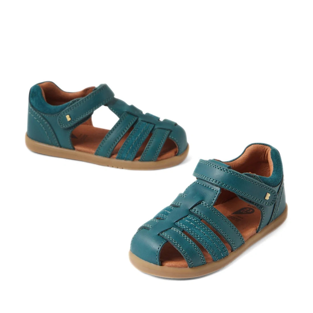 A pair of Bobux IWalk Roam Sandal Mediterranean Green Closed Toe Toddlers with Velcro straps and tan soles, displayed on a white background., 9420074807281, 9420074807298, 9420074807304, 9420074807311, 9420074807328