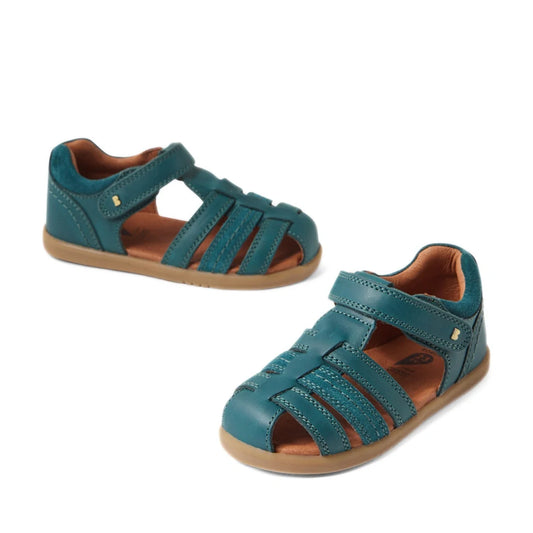 A pair of Bobux IWalk Roam Sandal Mediterranean Green Closed Toe Toddlers with Velcro straps and tan soles, displayed on a white background., 9420074807281, 9420074807298, 9420074807304, 9420074807311, 9420074807328