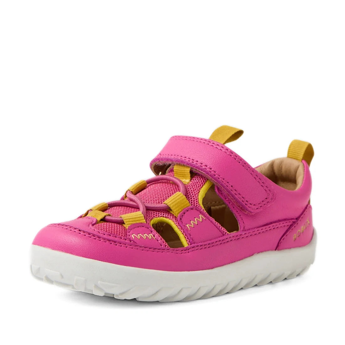 The Bobux IW Iwalk Rocky Rose Violet Bright Pink Closed Toe Sandal Barefoot is a vibrant children’s sandal featuring a bright pink hue with yellow accents, a white sole, and an easy-to-use Velcro strap. Designed in the barefoot style, it includes cut-out 