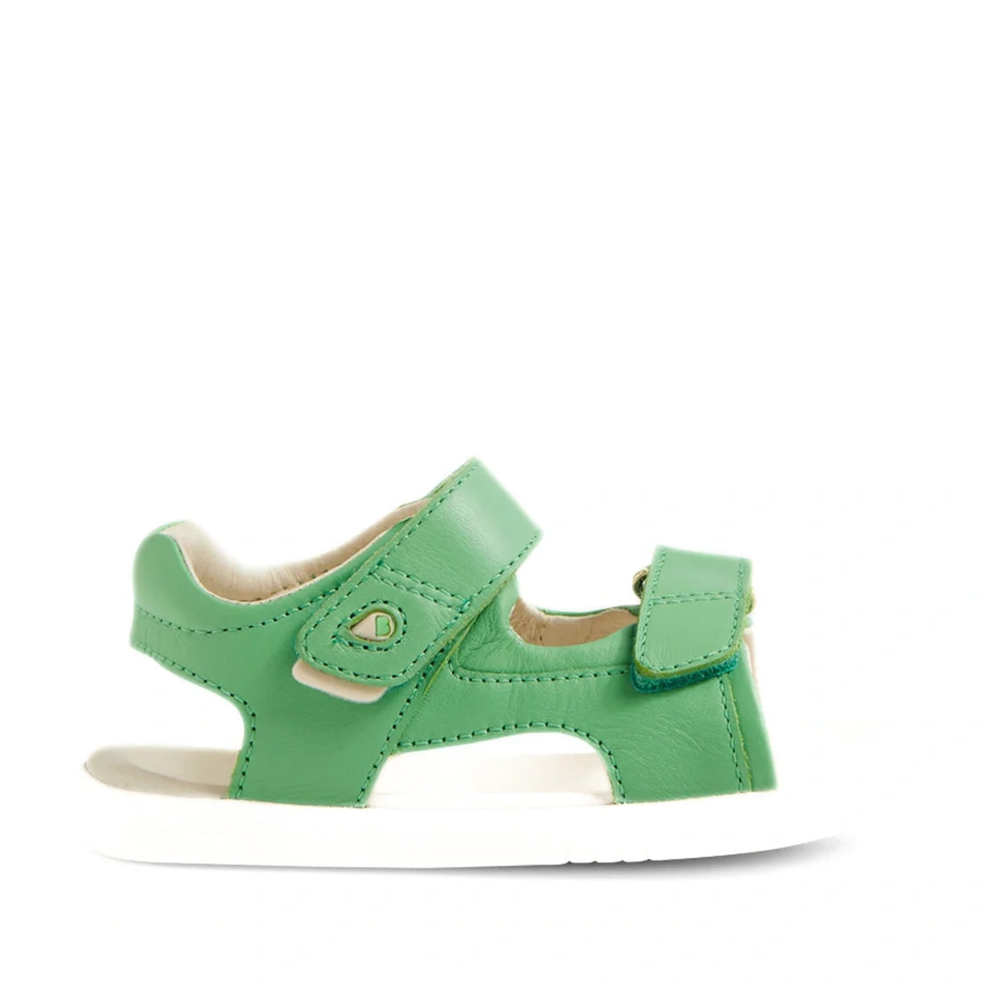 The Bobux IWalk Strand Sandal in Retro Green features adjustable velcro straps, an open toe design, and a white sole, shown from the side against a white background. These leather sandals offer both comfort and easy wear for toddlers’ little feet., 942007