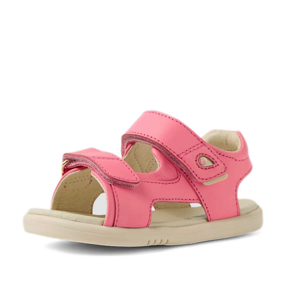 The Bobux IWalk Strand Sandal in Pink Lemonade features a leather design with adjustable Velcro straps, an open toe and heel, and a light beige sole—making these comfortable sandals perfect for toddlers’ little feet., 9420074857651, 9420074857668, 9420074