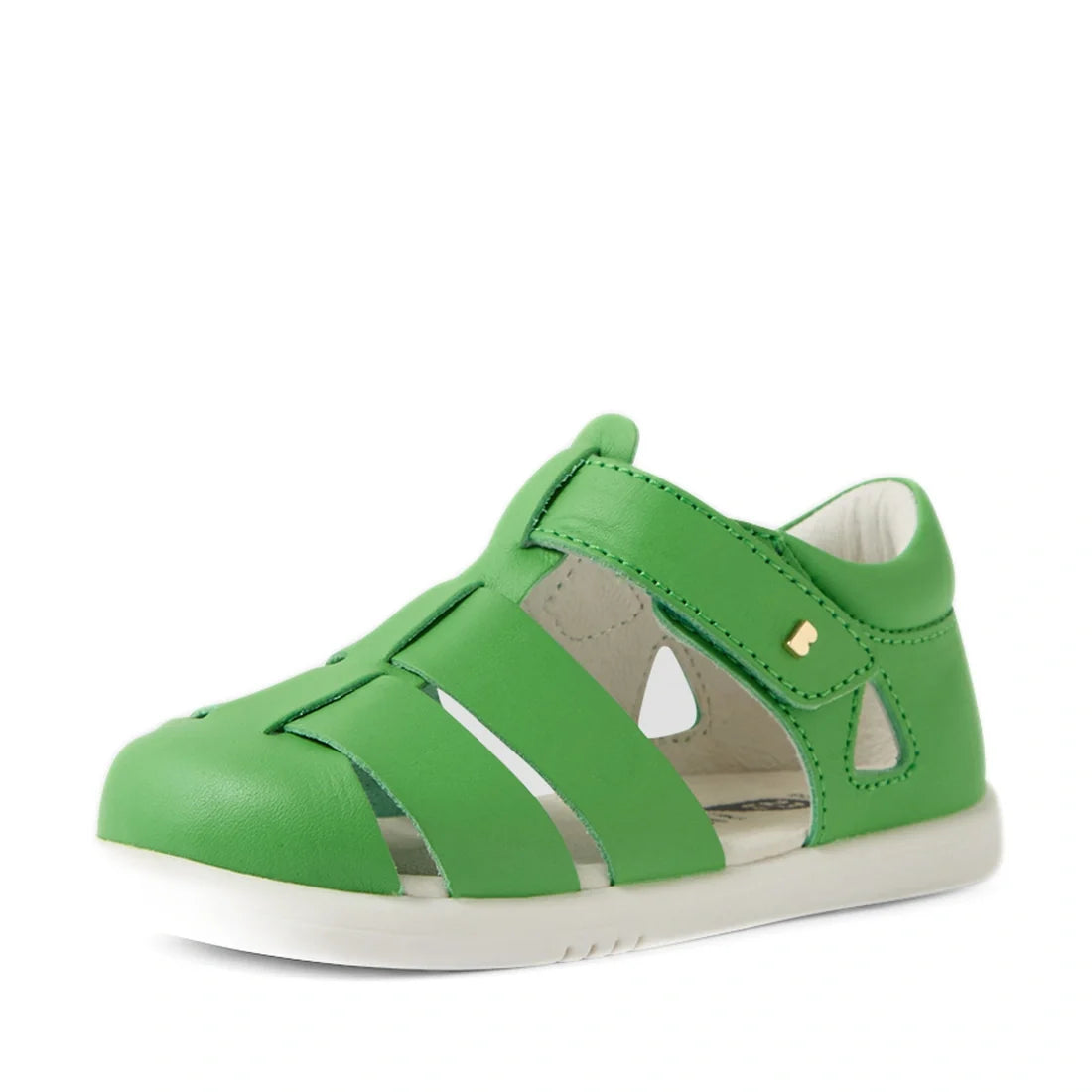 A pair of Bobux IWalk Tidal Sandal Retro Green Closed Toe Toddlers sandals—featuring a closed toe, cutout sides, and a white sole—are water-friendly leather shoes made for active little feet, shown here in green on a white background., 9420074807700, 9420