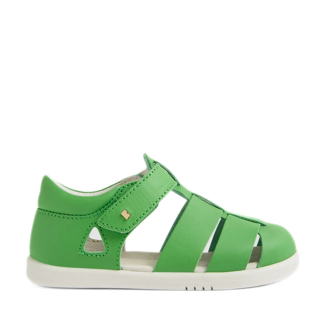 A green closed-toe toddler sandal with cutout sides, a white sole, and a top strap, the Bobux IWalk Tidal Sandal Retro Green Closed Toe Toddlers is crafted from water-friendly leather—ideal for active kids on the go., 9420074807700, 9420074807717, 9420074