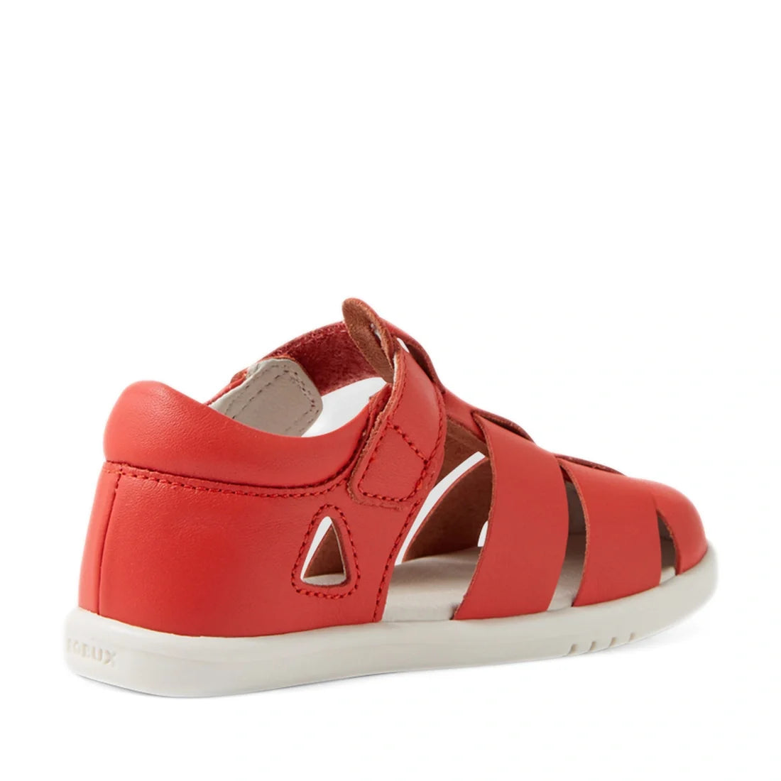 A Bobux IWalk Tidal Sandal in Grenadine Red is shown from the back and side. This closed-toe toddler sandal features wide straps and a small triangular cutout near the heel, offering a water-friendly design that’s ideal for summer adventures., 94200748077