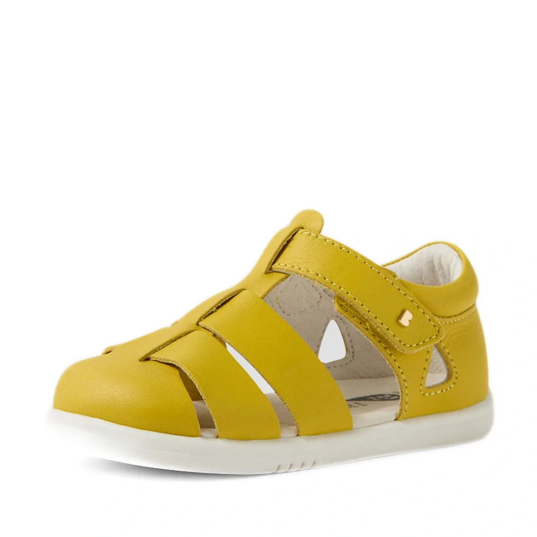 The Bobux IWalk Tidal Sandal Mango Mint Closed Toe Toddlers features a vibrant yellow leather upper with open sides, a protective closed toe, and a white rubber sole. Displayed against a white background, these water-friendly sandals are perfect for activ