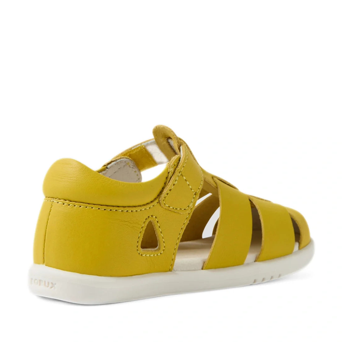 The Bobux IWalk Tidal Sandal Mango Mint Closed Toe Toddlers features a cheerful yellow leather design with a closed heel, open toe, and convenient velcro strap—displayed at an angle from the back and side. With its white sole and cut-out ventilation secti