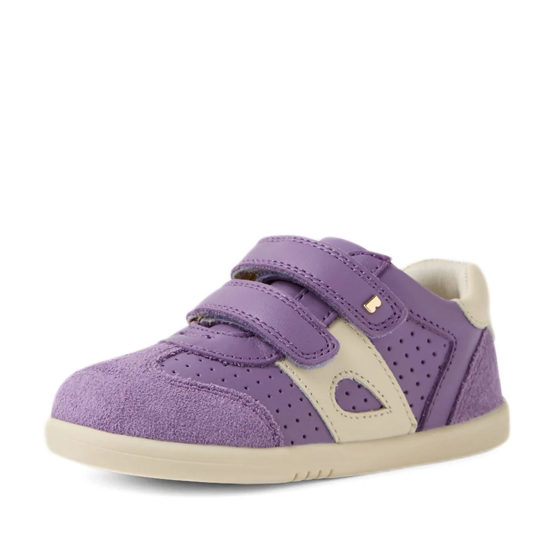 The Bobux IW Iwalk Toddlers Titan Purple Haze Leather Trainer is a toddler sneaker in purple and beige, featuring two adjustable Velcro straps, perforated sides, a suede toe cap, and a slip-resistant beige sole, displayed against a white background., 9420