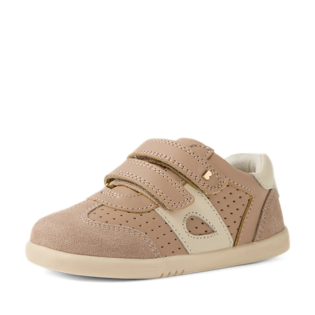 Bobux IW Iwalk Toddlers Titan Warm Taupe Leather Trainer featuring suede and perforated panels in tan and beige, cream accents, two adjustable hook-and-loop straps, and a slip-resistant rubber sole., 9420074854360, 9420074854377, 9420074854384, 9420074854