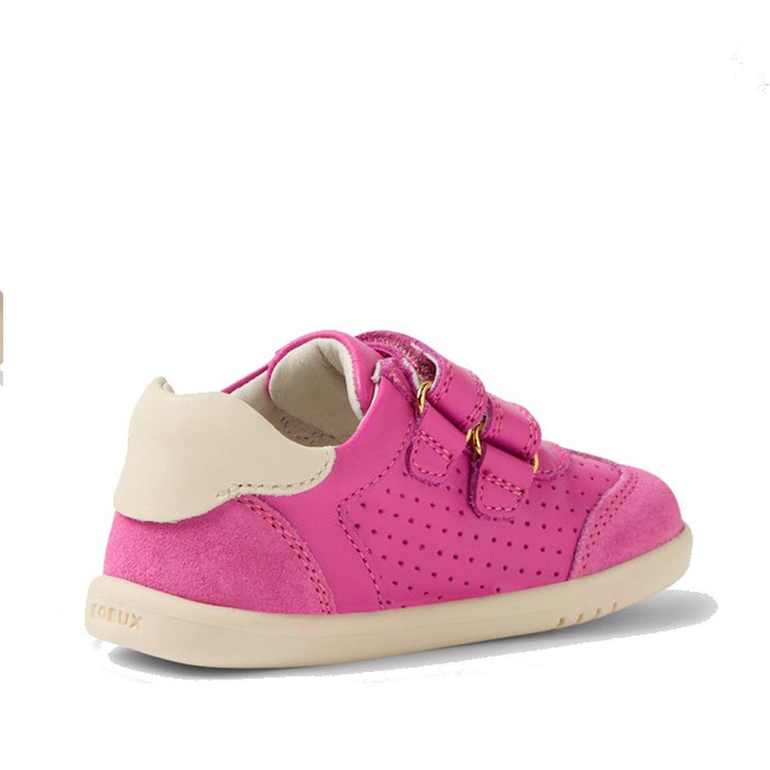 The Bobux IW Iwalk Titan Leather Sneaker in White Rose Violet Pink is a toddler shoe with a beige sole, perforated details, and two velcro straps. Displayed on a white background, it's available in various colours and sizes., 9420074854506, 9420074854513,
