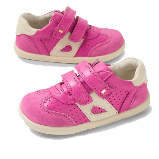 The Bobux IW Iwalk Titan Leather Sneaker in White Rose Violet Pink features velcro straps, perforated details, and rubber soles for toddlers, shown on a white background.