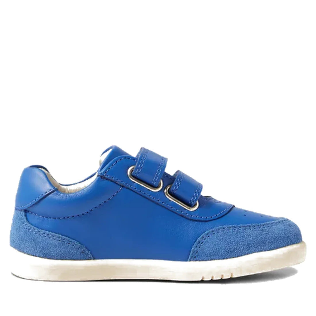 The Bobux IW Iwalk Champ Sneaker in Olympian Blue is a toddler shoe with adjustable hook-and-loop straps, suede toe and heel accents, and a white sole, shown in side profile against a white background., 9420068552593, 9420068552609, 9420068552616, 9420068