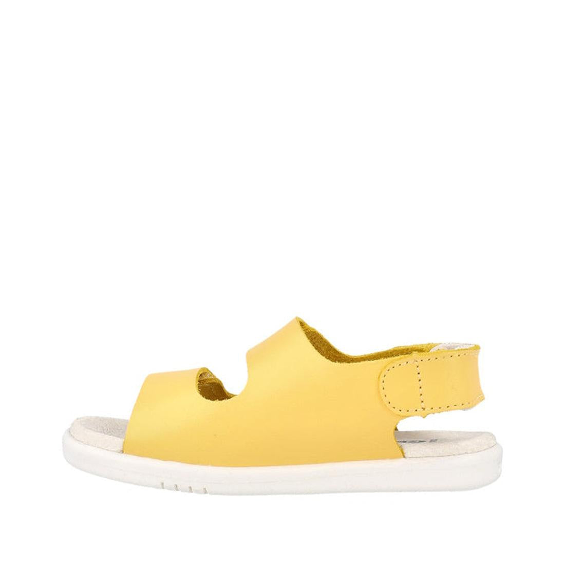 The Bobux Iwalk IW Quick Dry Topia Sandal 651304 Pineapple is a yellow children’s sandal with a white sole, side cutouts, and adjustable back straps. Made of leather, it’s shown on a plain white background., 9420075776302, 9420075782150, 9420075780248, 94