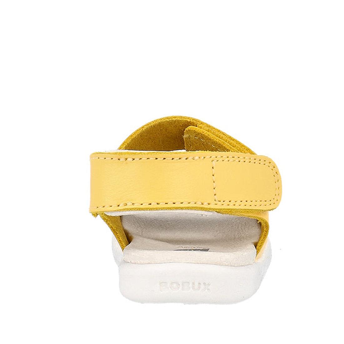 A back view of the Bobux Iwalk IW Quick Dry Topia Sandal 651304 Pineapple, a yellow children’s leather sandal with a white sole and adjustable straps. “BOBUX” is embossed on the heel of the sole., 9420075776302, 9420075782150, 9420075780248, 9420075779037