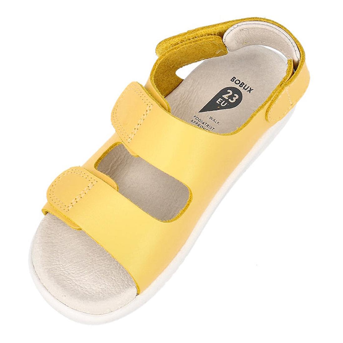 The Bobux Iwalk IW Quick Dry Topia Sandal 651304 Pineapple is a yellow leather sandal in size 23 EU, with two adjustable straps, a back strap, white sole, and soft beige insole., 9420075776302, 9420075782150, 9420075780248, 9420075779037, 9420075781665