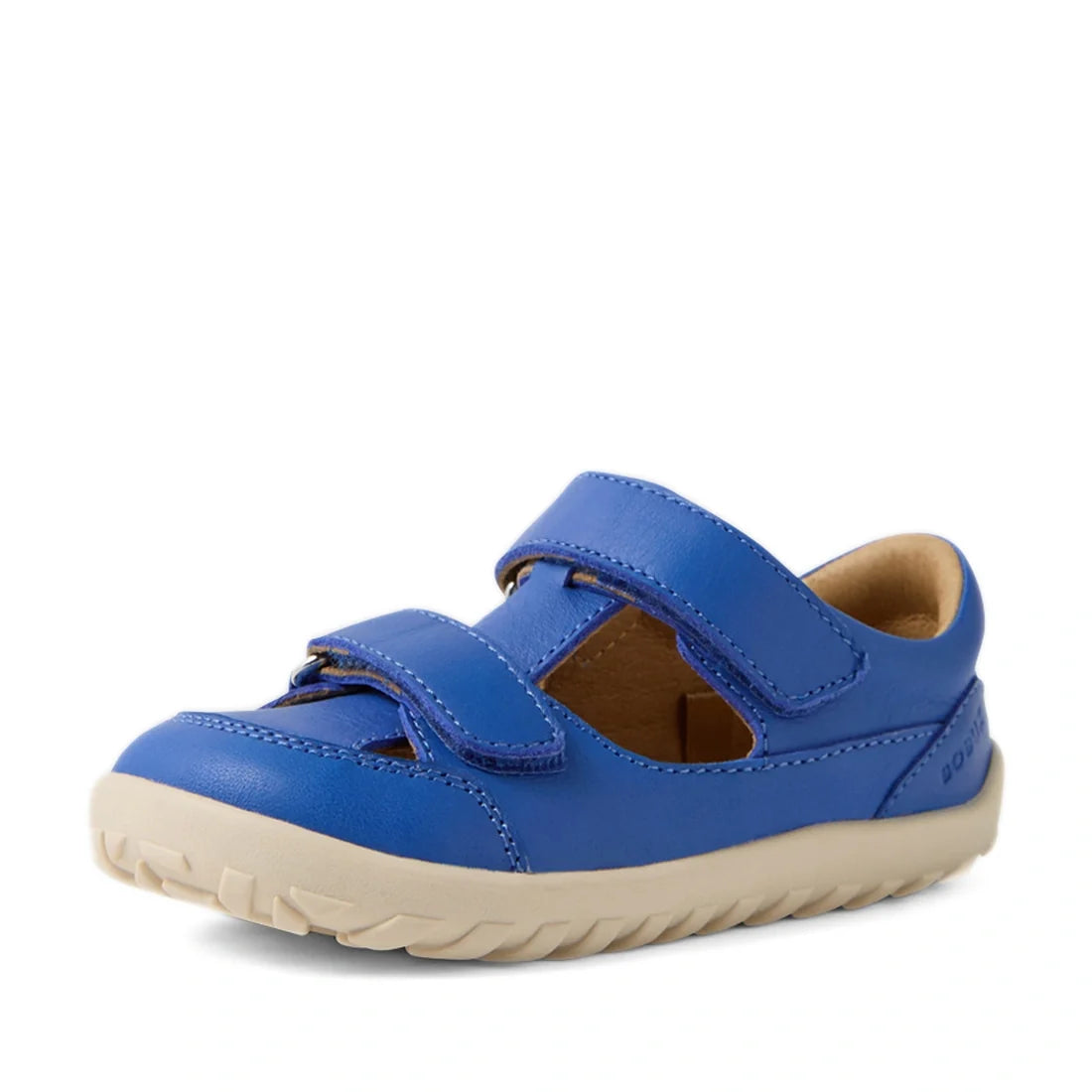 The Bobux IW Iwalk Troop Toddlers Leather Sandal in Dazzling Blue Barefoot, featuring Velcro straps, cut-out sides, and a beige rubber sole, is shown as a single kids’ sandal on a white background., 9420074863690, 9420074863706, 9420074863713, 94200748637
