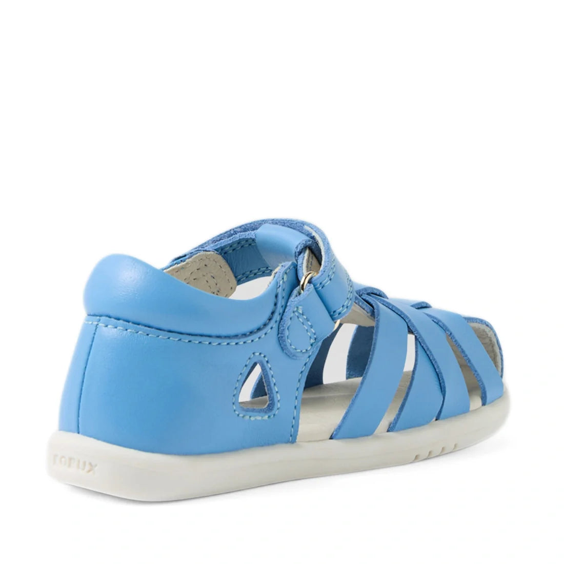 A Bobux Iwalk IW Tropicana II Baltic Sea Blue leather toddler sandal featuring cutout details, closed-toe protection, a closed heel, and a white sole, viewed from the back left side., 9420074810250, 9420074810267, 9420074810274, 9420074810281, 94200748102