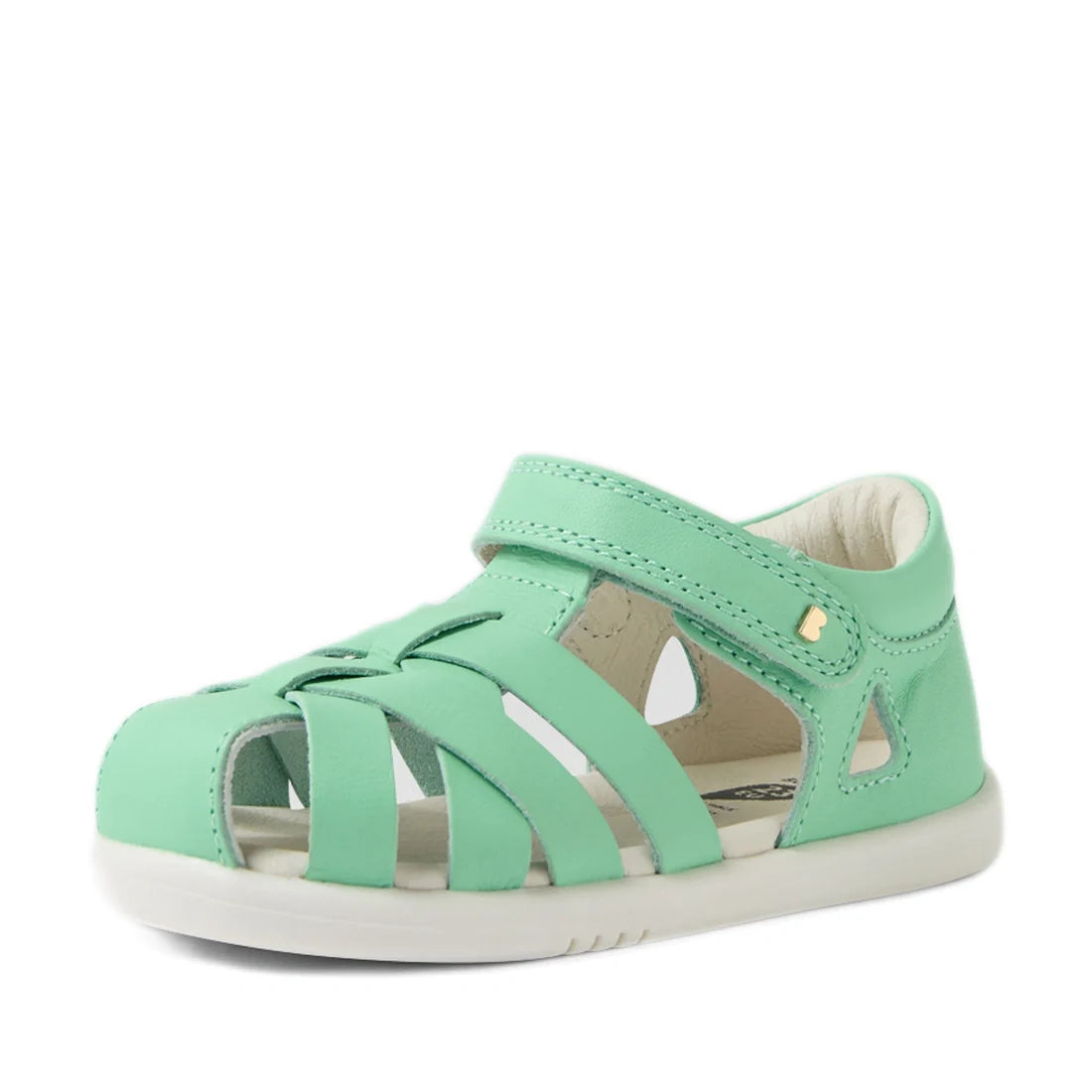 A Bobux Iwalk IW Tropicana II Jelly Mint Green Leather Sandal for children, featuring a closed toe, cut-out sides, a small gold stud detail, and a Velcro strap, displayed against a white background. Ideal for little feet, these stylish toddler leather san