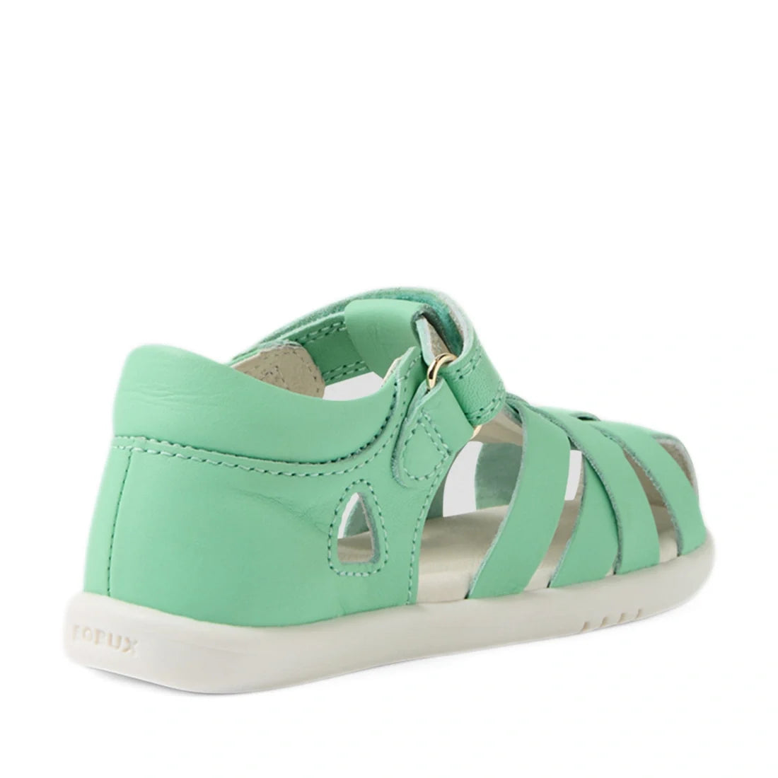 The Bobux Iwalk IW Tropicana II Jelly Mint Green Leather Sandal for toddlers features a closed heel, multiple straps, a side buckle, and a white sole, shown from the back angle., 9420074810038, 9420074810045, 9420074810052, 9420074810069, 9420074810076