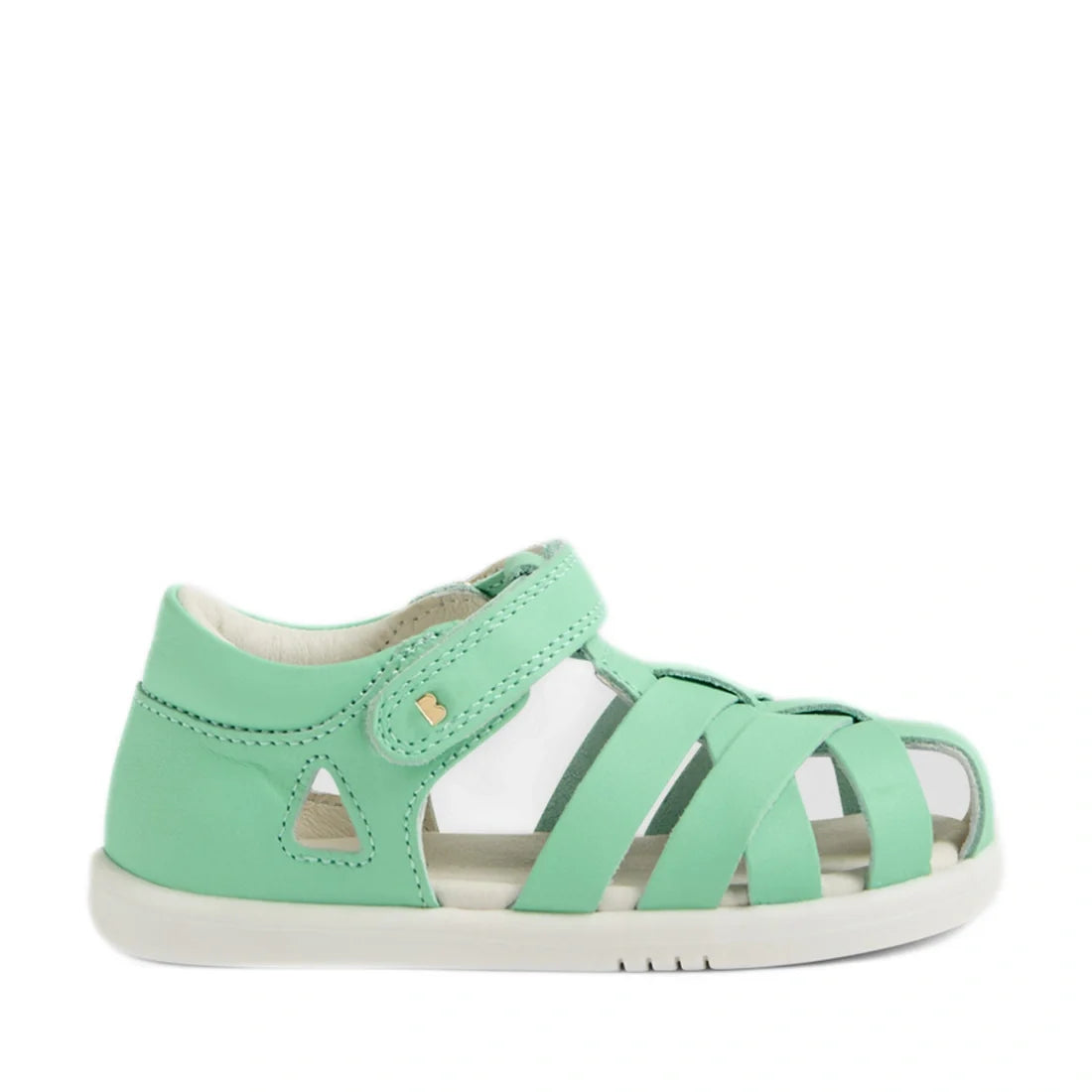 The Bobux Iwalk IW Tropicana II Jelly Mint Green Leather Sandal is a stylish toddler shoe featuring chic cutouts, a closed heel, an adjustable Velcro strap, and a white rubber sole, shown against a white background., 9420074810038, 9420074810045, 94200748