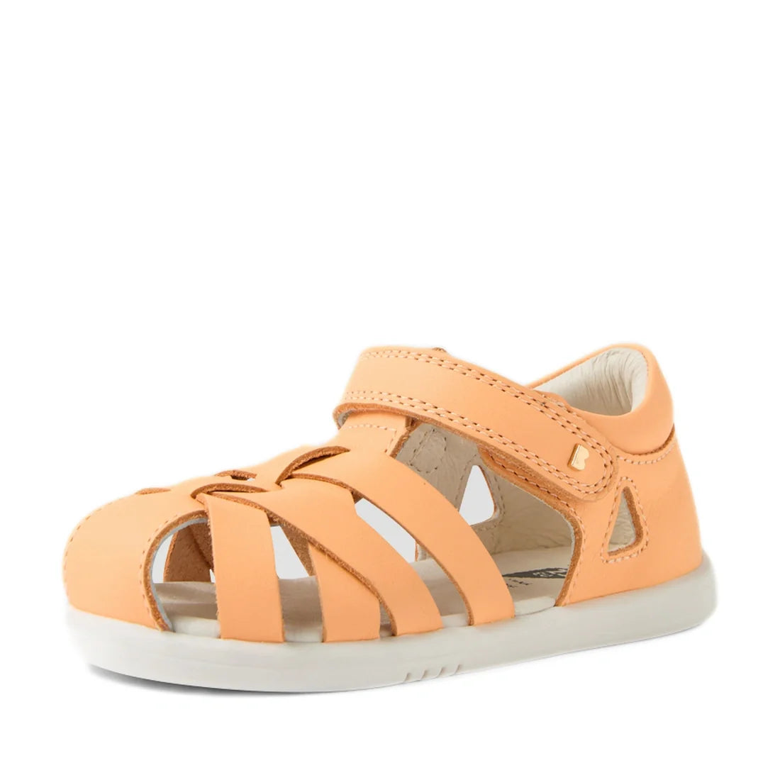 A light orange Bobux Iwalk IW Tropicana II Peach Jelly Leather Sandal for children, featuring an open-toe design with multiple straps and a secure Velcro closure, crafted for toddlers who seek comfort and style. Displayed on a white background.
