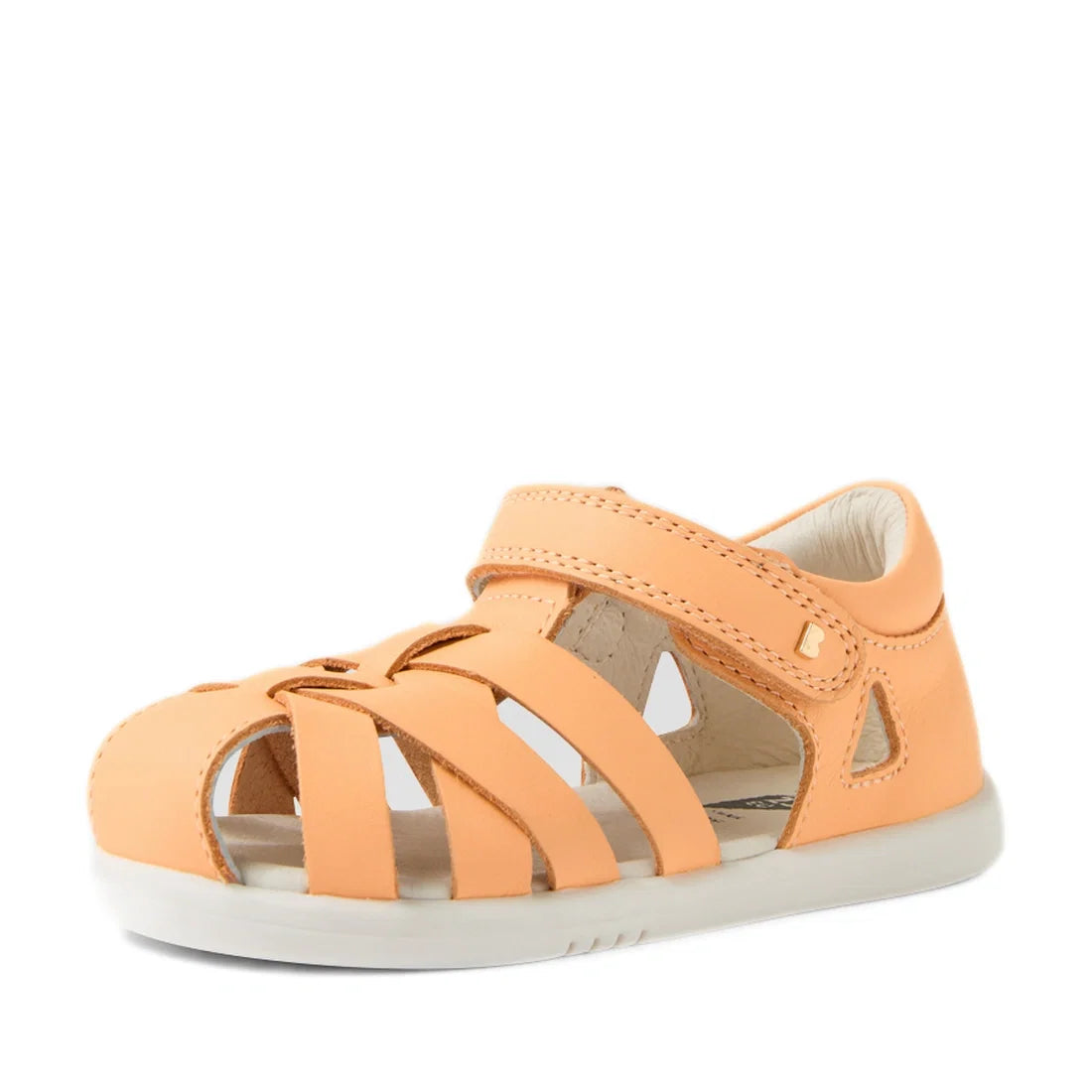 A light orange Bobux Iwalk IW Tropicana II Peach Jelly Leather Sandal for children, featuring an open-toe design with multiple straps and a secure Velcro closure, crafted for toddlers who seek comfort and style. Displayed on a white background.