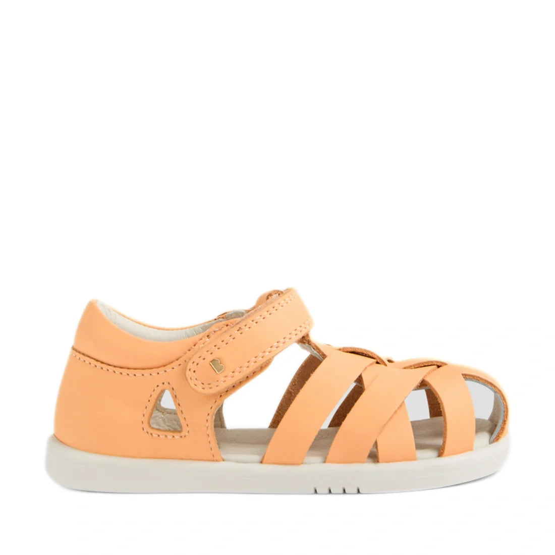 A Bobux Iwalk IW Tropicana II Peach Jelly Leather Sandal for toddlers, featuring a peach hue, closed heel, open toe with multiple straps for closed-toe protection, a hook-and-loop closure, and a white sole., 9420074810083, 9420074810090, 9420074810106, 94