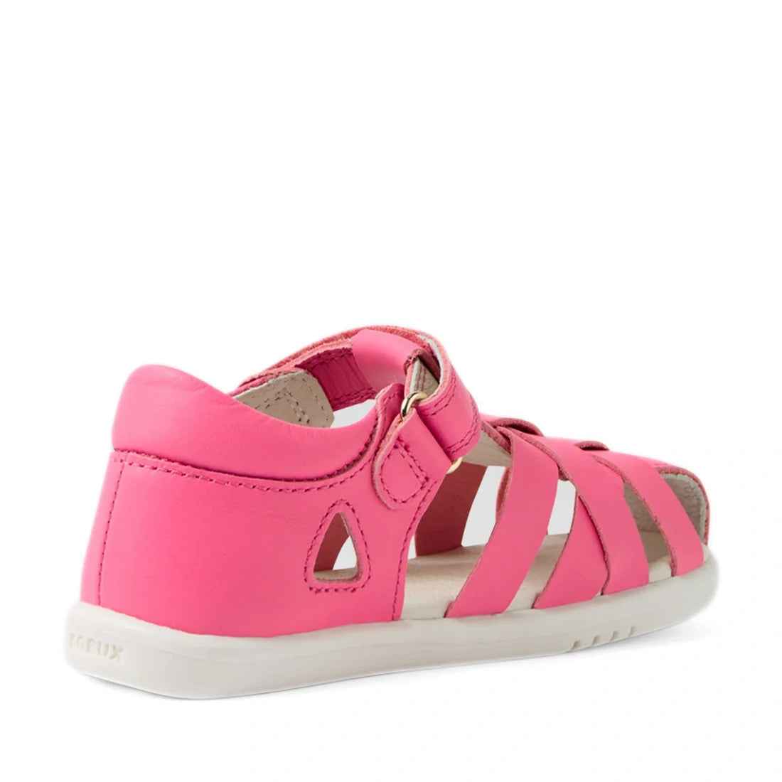 The Bobux Iwalk IW Tropicana II Pink Lemonade Leather Sandal features multiple straps, a closed heel, and a white sole. Crafted from durable leather with a side buckle and cut-out details, these stylish closed-toe sandals are shown from the back angle., 9
