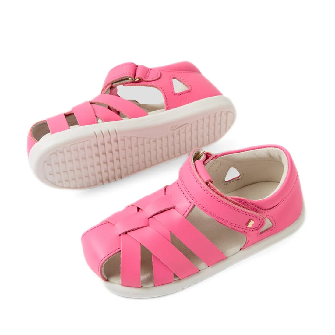 A pair of Bobux Iwalk IW Tropicana II Pink Lemonade Leather Sandals with white soles, open toes, and adjustable straps, displayed on a white background., 9420074810205, 9420074810212, 9420074810229, 9420074810236, 9420074810243