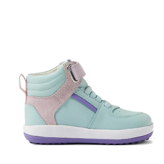 The Bobux Kid+ TopSpin Leather Boots 852405 in Fresh Mint Green are high-top sneakers with mint green leather, soft suede accents, a matching strap and sole, cushioned midsole for comfort, and green laces, shown on a white background.