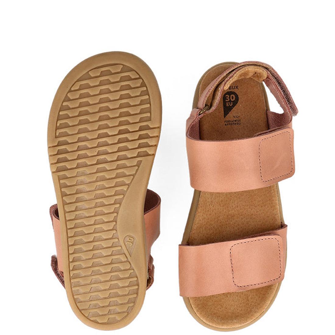 Bobux Kid+ Plus Italian Clay Coast Open Toe Sandal 851201: a pair of pink adjustable summer sandals with tan rubber soles and wide Velcro straps, shown from the side and sole, displaying insole, size markings, and textured sole., 9420075767065, 9420075766