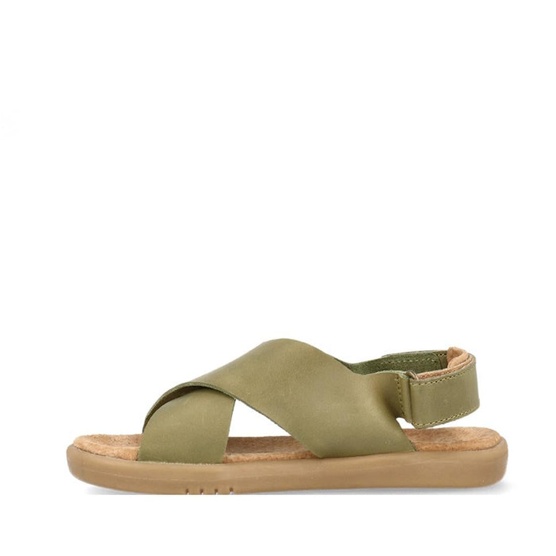 The Bobux Kid+ Plus Glide Sea Kelp Green Open Toe Sandal 851103 is a single kids' leather sandal with wide crisscross straps, tan cushioned sole, and Velcro heel strap, shown side view on white background., 9420075773554, 9420075776241, 9420075775916, 942