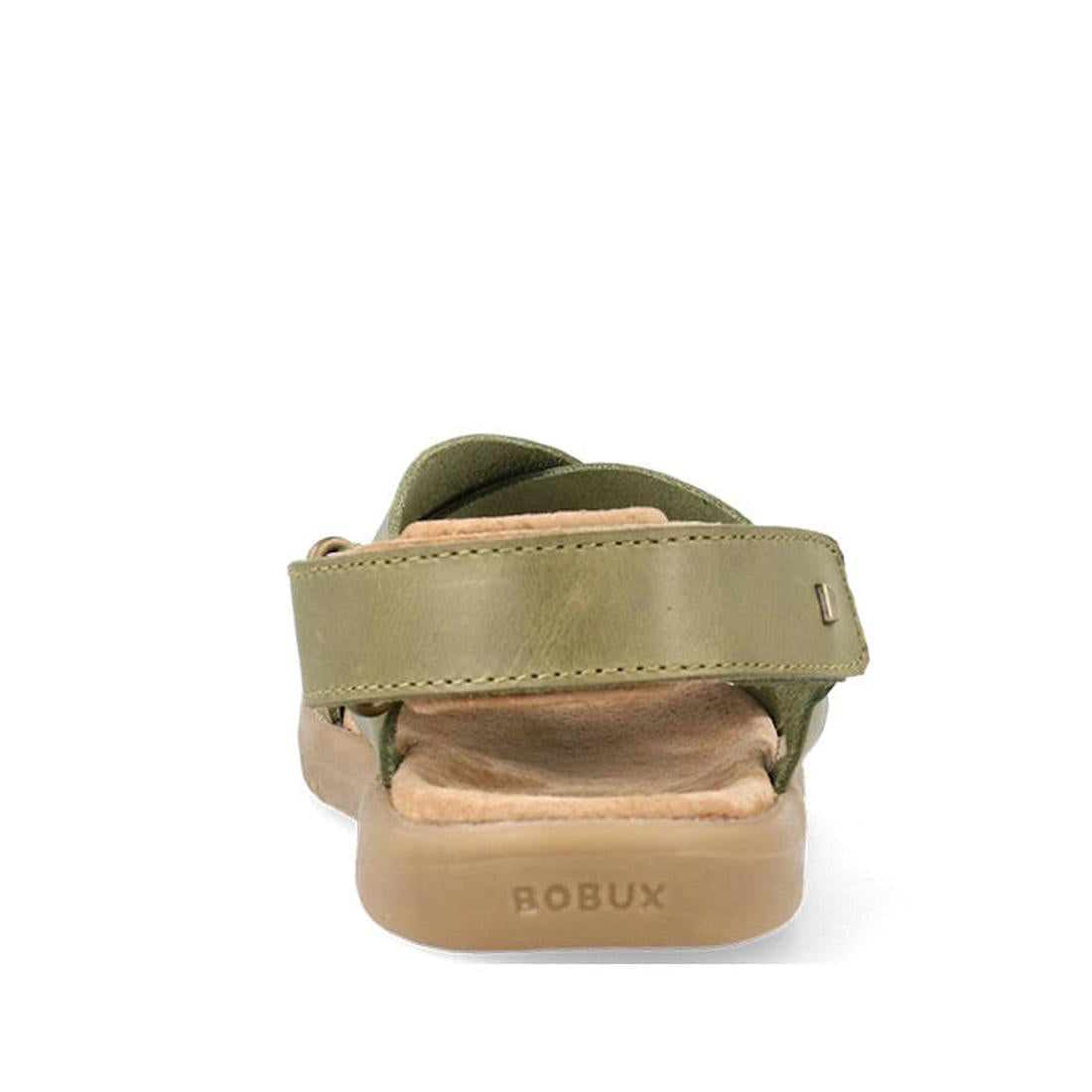The Bobux Kid+ Plus Glide Sea Kelp Green Open Toe Sandal 851103 is shown from the back, displaying its green leather upper, tan sole, "BOBUX" branding on the heel, adjustable heel straps, and open toe design., 9420075773554, 9420075776241, 9420075775916, 