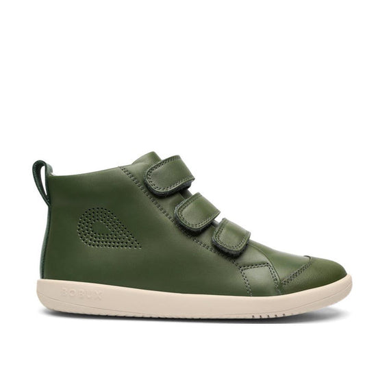The Bobux Kids Plus KP Hi Court Forest Green is a premium leather hi top sneaker with three Velcro straps, perforated sides, a light beige rubber sole, and BOBUX embossed near the heel in street style.