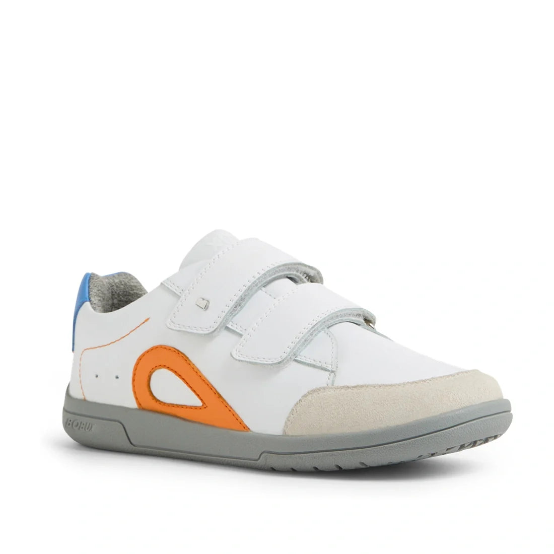 Introducing the Bobux KP Kids Plus Blaze Leather Sneaker in White Orange: a stylish children’s shoe crafted from quick-drying leather, designed with two velcro straps, a gray sole, beige toe cap, orange side detail, and a blue accent on the heel. Featurin