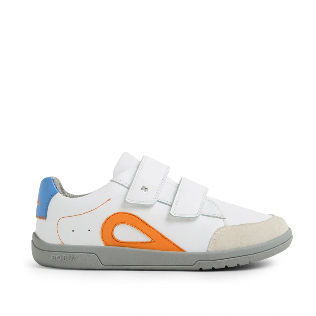 The Bobux KP Kids Plus Blaze Leather Sneaker White Orange is a kids sneaker featuring quick-drying leather, a cushioned insole for all-day comfort, a gray sole, orange and blue accents, beige toe cap, and two velcro straps, shown in a side view., 94200748
