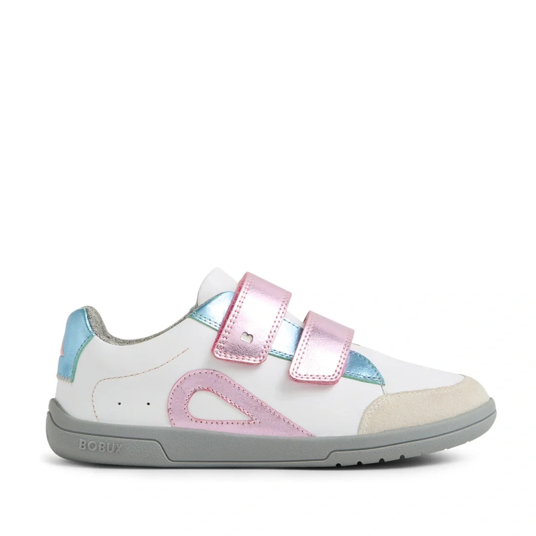 The Bobux KP Kids Plus Blaze Leather Sneaker in White Pink Metallic showcases a white leather upper with eye-catching pink and blue metallic accents. This left-facing kids’ sneaker features two pink Velcro straps, a light gray sole, and a beige suede toe 
