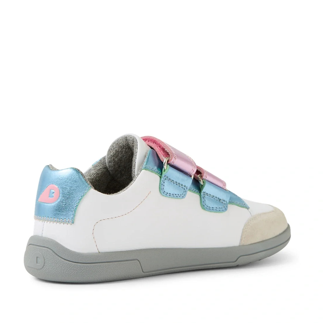 The Bobux KP Kids Plus Blaze Leather Sneaker in White Pink Metallic is a kids’ leather sneaker featuring a white upper, gray sole, blue and pink metallic straps, light blue heel detail, and a suede toe accent. Shown from the side angle, it is designed wit