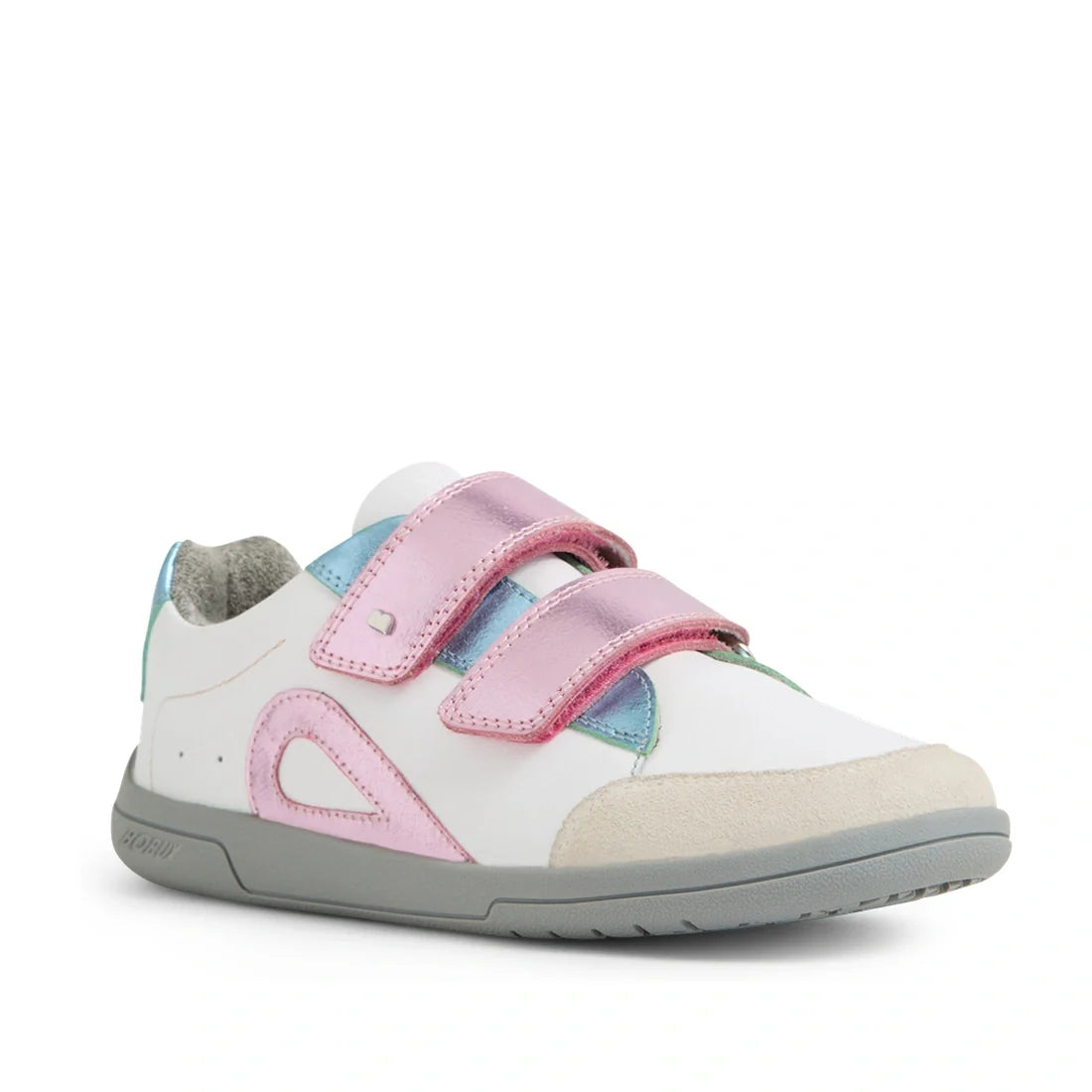 The Bobux KP Kids Plus Blaze Leather Sneaker in White Pink Metallic features a white base with pink and blue metallic velcro straps, a beige toe cap, light grey sole, and teal and blue accents. Crafted from leather for kids with a cushioned insole for ext