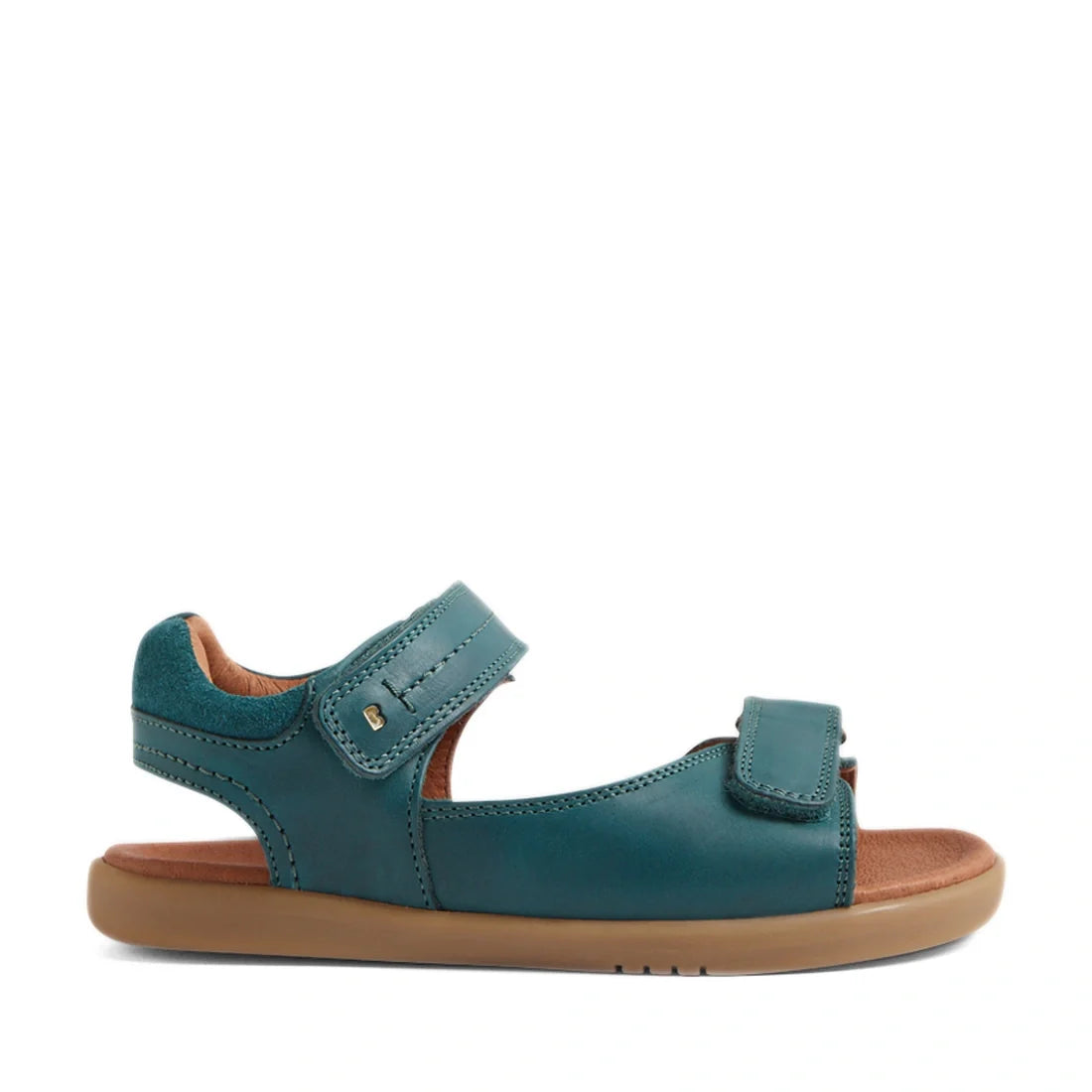 Mediterranean green leather open-toed sandals with adjustable Velcro straps at the ankle and toe, a cushioned brown footbed, and a flat tan rubber sole—shown in side profile on a white background—perfect for boys who want comfort and style, just like the 