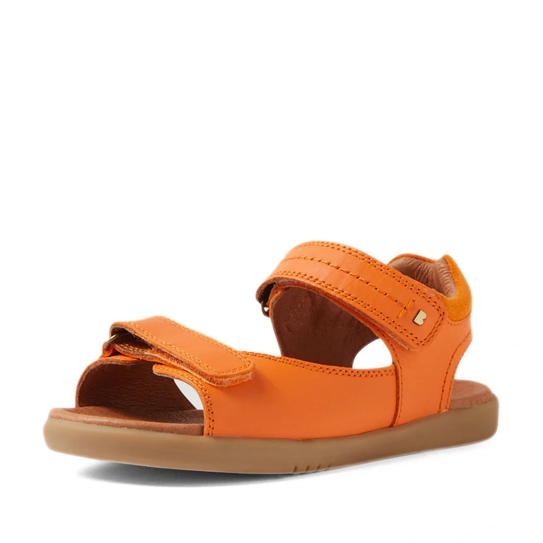 The Bobux KP Kids Plus Driftwood Leather Sandal in Orange Peel is an open-toe sandal inspired by classic boys’ leather sandals, with two adjustable Velcro straps and a tan rubber sole—ideal as kids’ walking shoes—shown on a white background., 942007485902