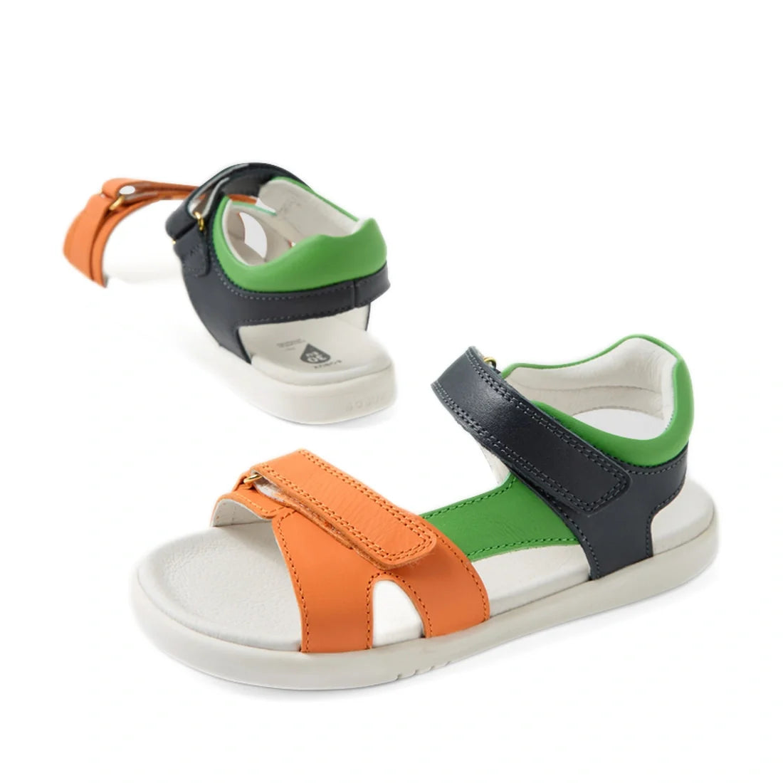 The Bobux KP Kids Plus Dune Leather Sandal Navy is featured from front and rear angles on a white background, showcasing its leather design with orange, green, and navy blue straps, white soles, and adjustable Velcro fastenings. These breathable summer sh